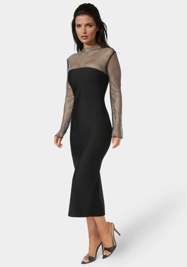 Long Sleeve Bandage Midi Dress with Crystal Mesh Combo