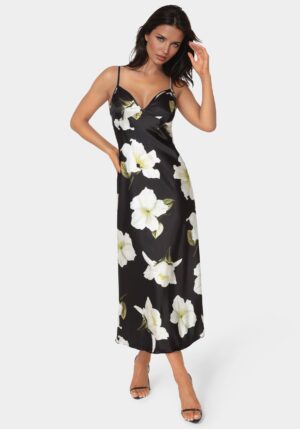 Printed Satin V-Neck Maxi Dress
